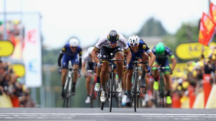 Peter Sagan crosses the line to win stage two of the Tour de France on July 3, 2016.