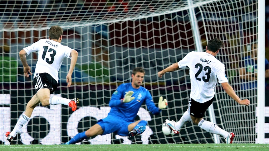 Mario Gomez scores the opening goal v the Netherlands at Euro 2012.
