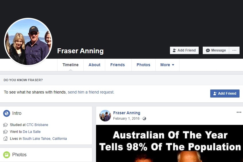 A snapshot of Fraser Anning's Facebook page which says he lives in South Lake Tahoe, California.