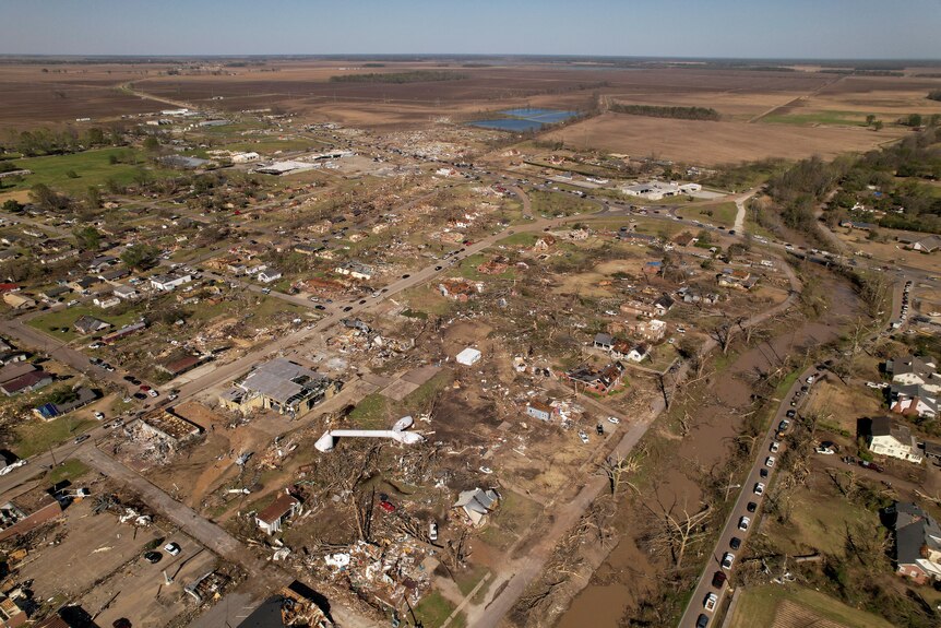 An aerial view of destruction caused to homes in Rolling Fork in Mississippi