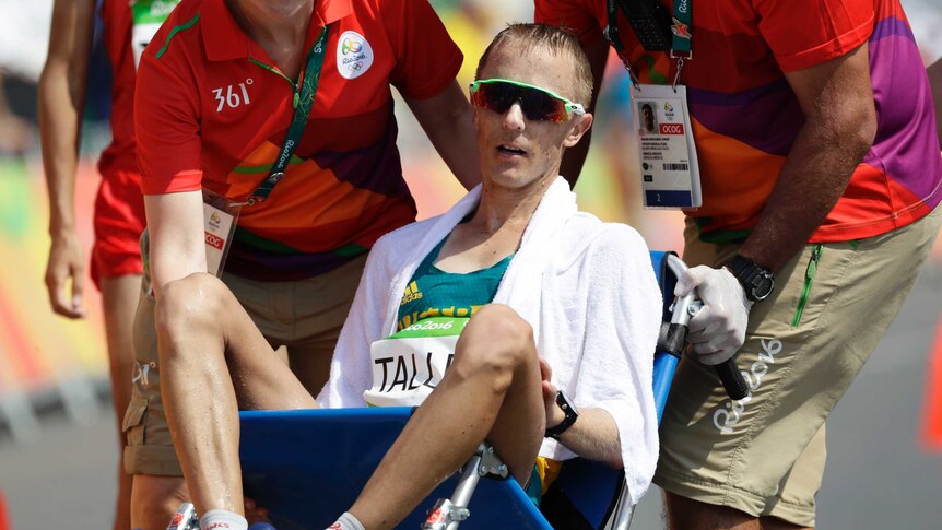 Jared Tallent in a wheelchair after the Rio 2016 50km walk