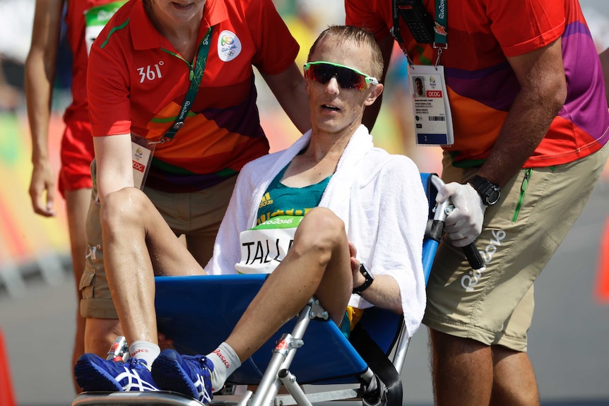Jared Tallent in a wheelchair after the Rio 2016 50km walk