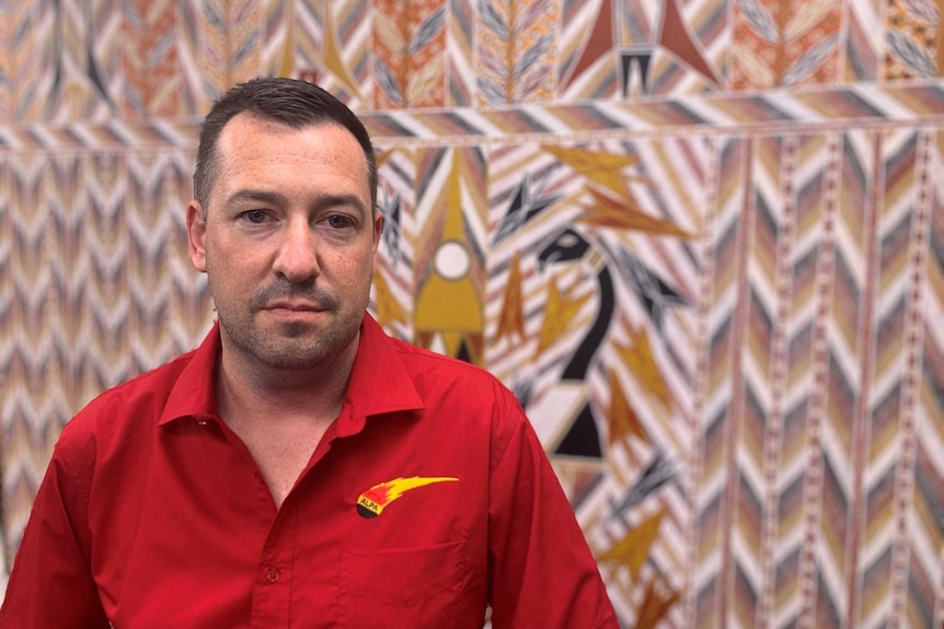 Liam Flanagan from ALPA looks seriously at the camera. Behind him is an Indigenous painting.