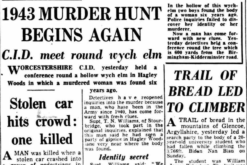 A newspaper headline on the Hagley Wood cases in 1949