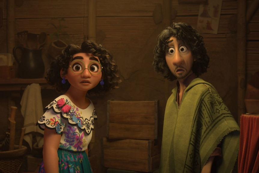 Animated Latina girl with curly hair and big glasses wears butterfly blouse next to Latino boy with soft curls and green poncho.
