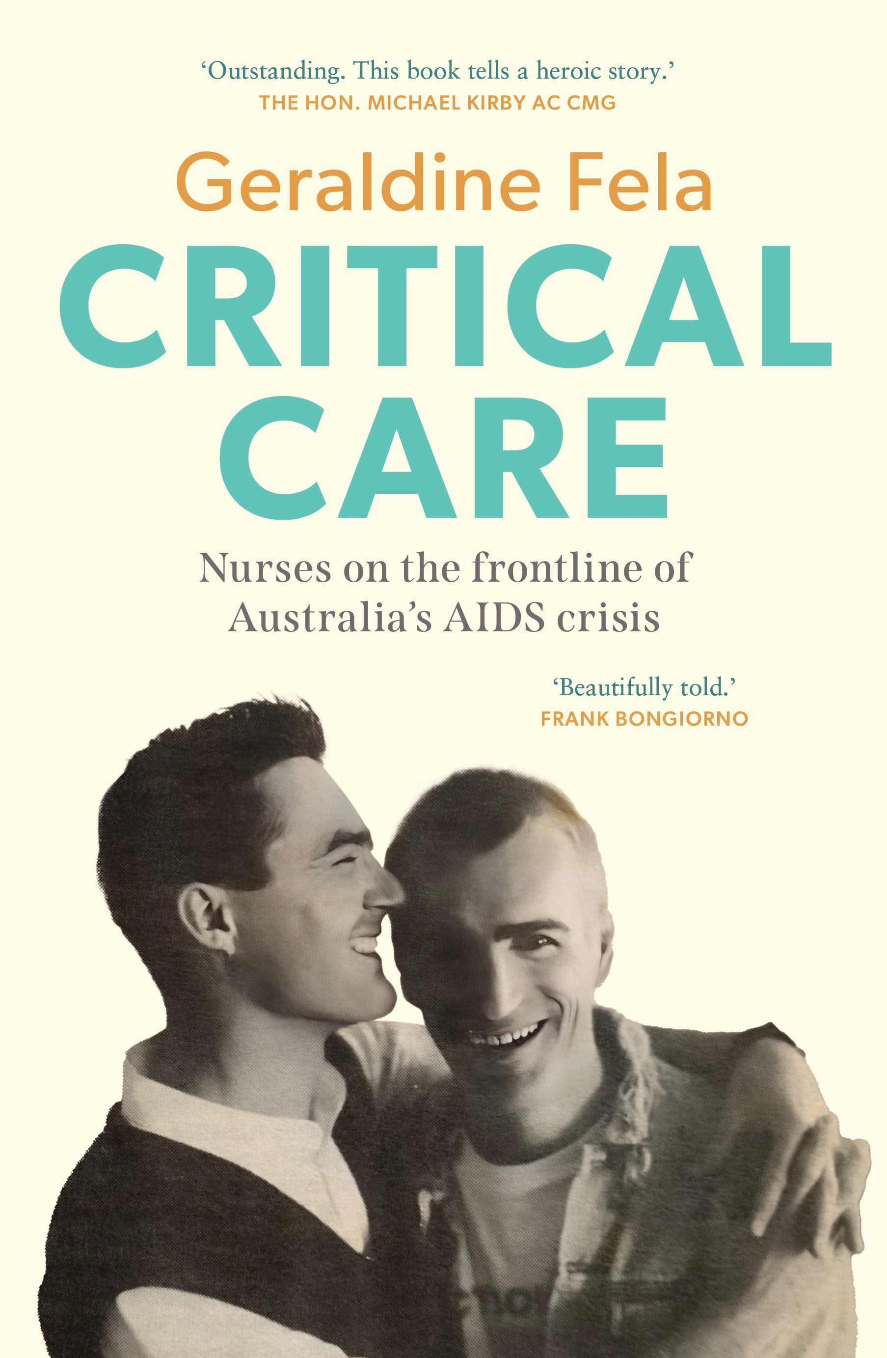 A book cover with a black and white photo of two young men smiling and embracing, on a pale yellow background