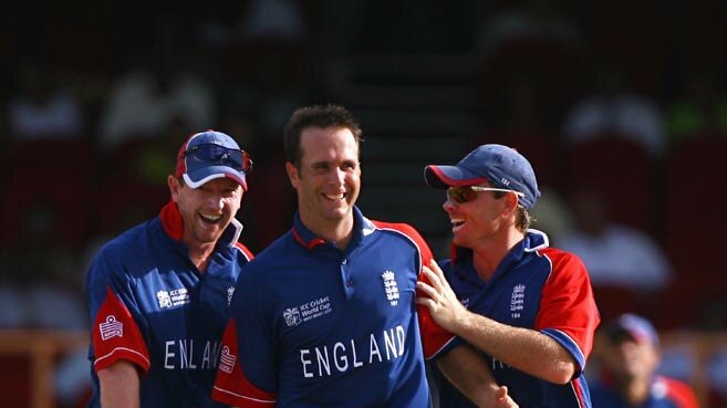 Michael Vaughan of England congratulated by England on Irish wicket