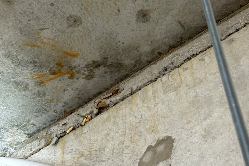 A concrete slab in a building's carpark, with a foreign material that could be cigarette butts visible.