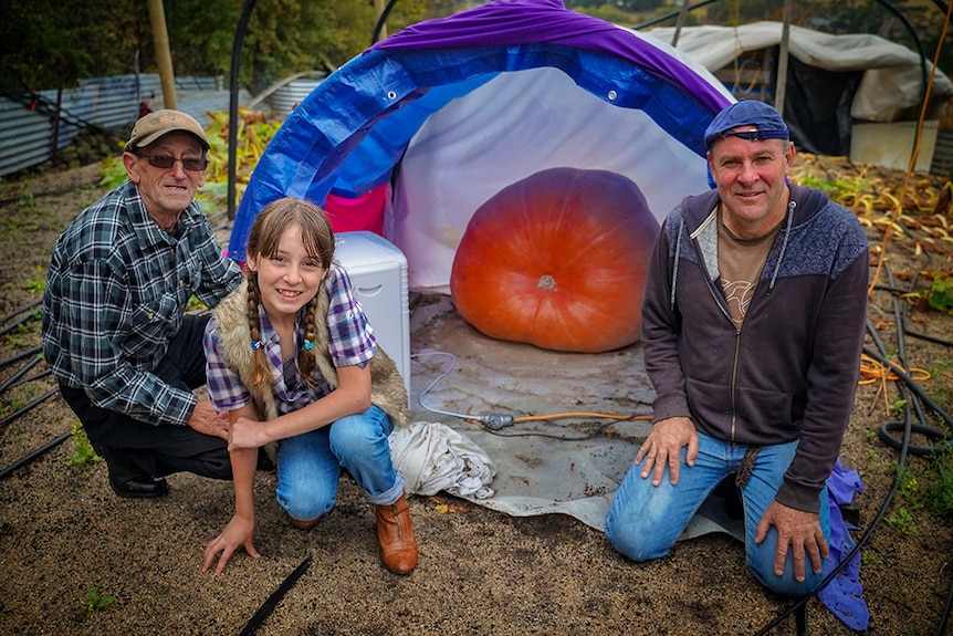 Cliff McKnight and daughter Rhianna with their friend Shane Newit kneel in front of a pumpkin in a tent