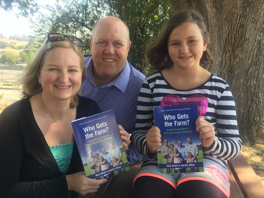 Ballarat farmer Nick Shady and wife Ayesha Hilton have co-authored a book about the experience of succession planning and how to navigate the disasters. Pictured here with daughter Grace.