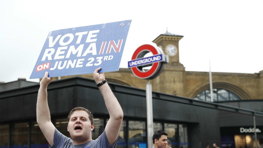 A "Vote Remain" activist urges people to vote outside Kings Cross station