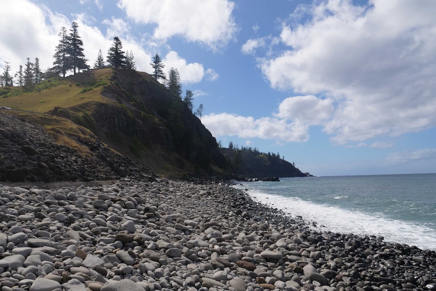 A pebbly shoreline on Norfolk Island.