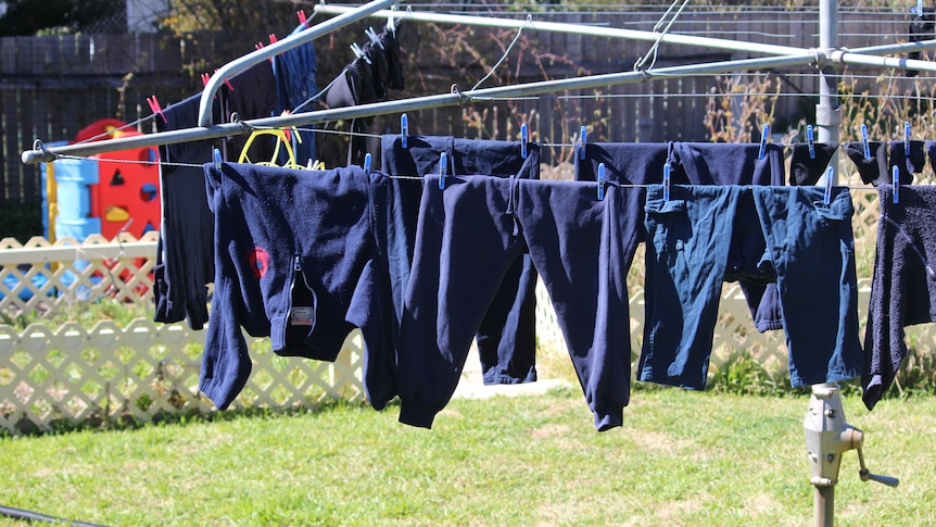 Wet clothes hanging on a backyard washing line
