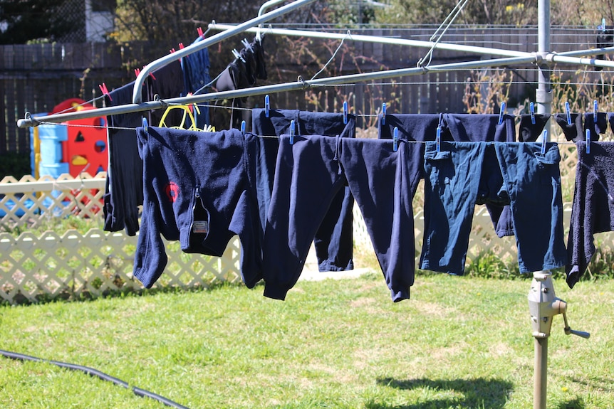 Wet clothes hanging on a backyard washing line in the sun. Good generic. Sept 2012