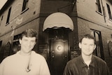 Richard and David Laskey outside the former Dog House Hotel, Hobart, 1987.