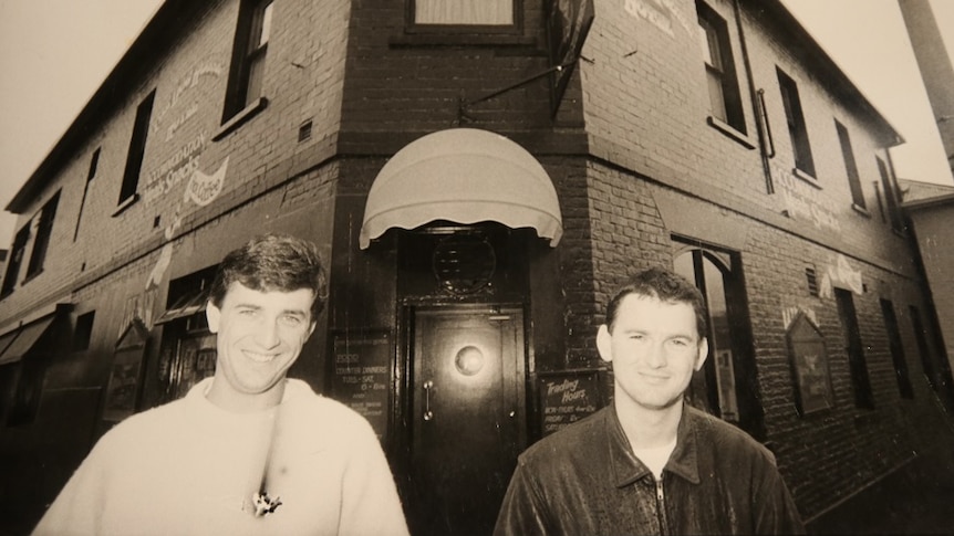 Richard and David Laskey outside the former Dog House Hotel, Hobart, 1987.