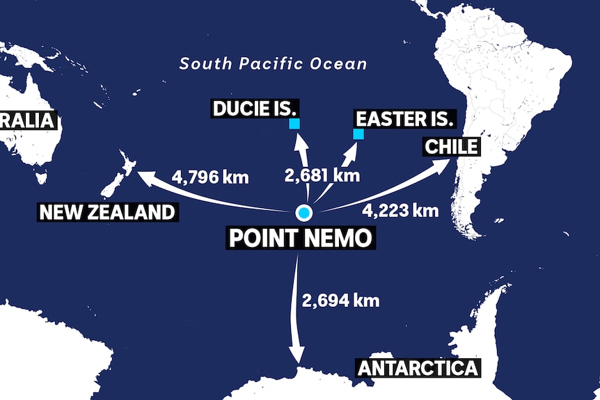 A map of Point Nemo South Pacific Ocean.