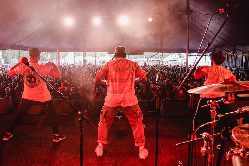 Baker Boy and bandmates perform onstage at Bluesfest 2019