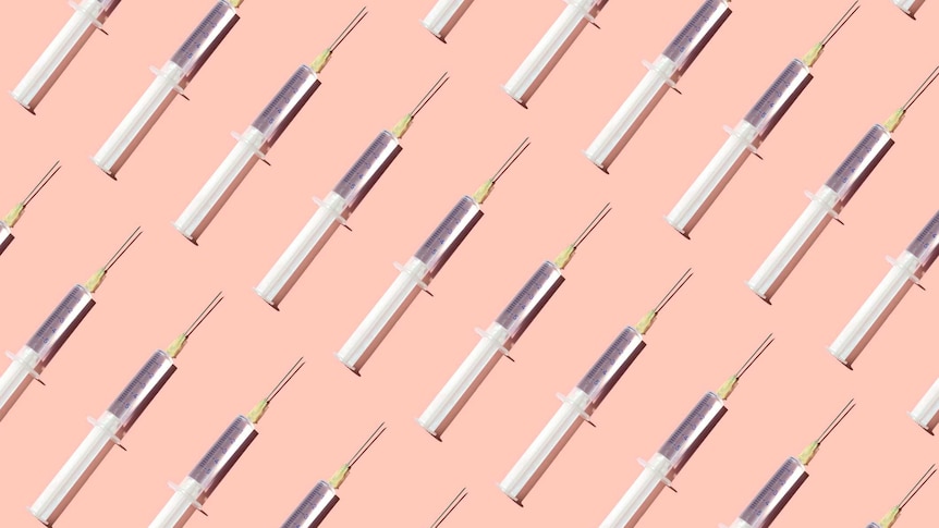 Repeated syringes on a pink background.