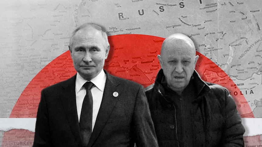 A black and white graphic of the two men against a Russian map with a red semi-circle behind them.