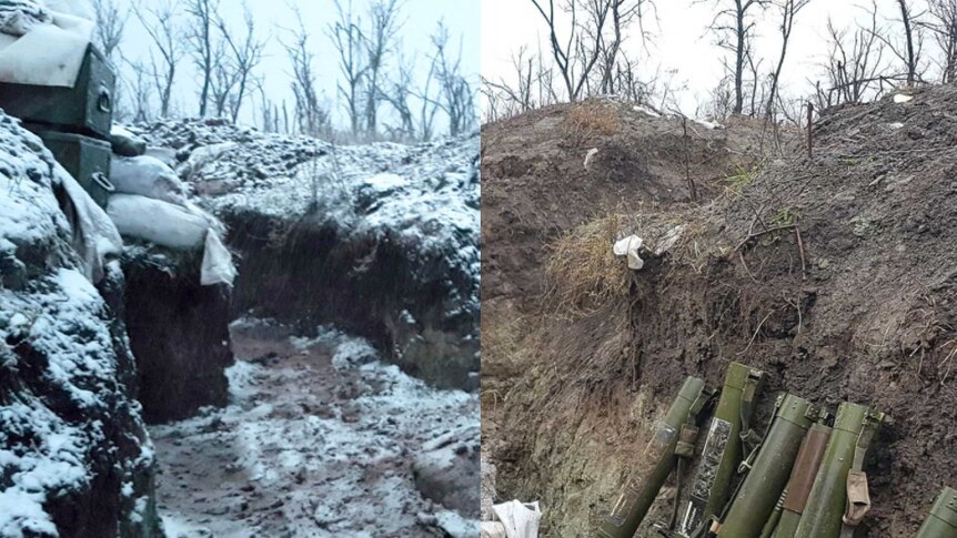 Picture showing the same trench in snowfall and dry.