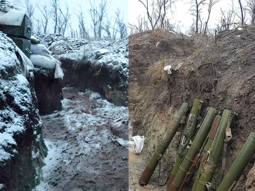 Picture showing the same trench in snowfall and dry.