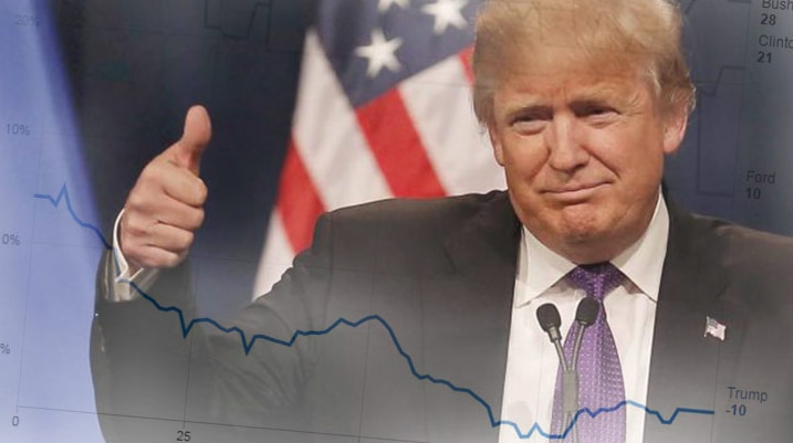 Donald Trump gives a thumbs-up, overlaid with part of a chart showing polling numbers.