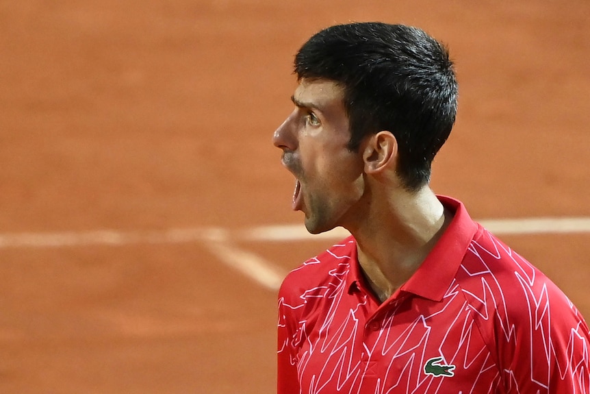 Novak Djokovic screams with his mouth wide open wearing a red polo shirt