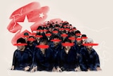 A digitally edited image of a group of men sitting with their eyes blurred out in red with the Chinese flag in the backdrop. 
