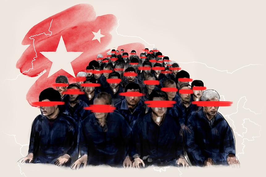 A digitally edited image of a group of men sitting with their eyes blurred out in red with the Chinese flag in the backdrop. 