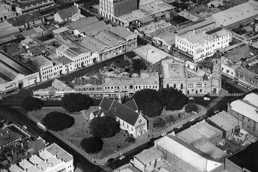 Aerial view of Fremantle taken on 9 July 1957 centred on St John's Square.