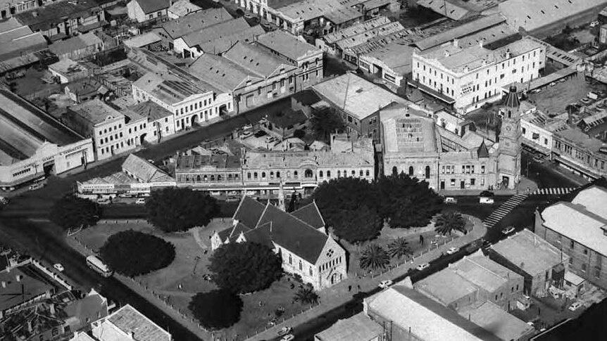 Aerial view of Fremantle taken on 9 July 1957 centred on St John's Square.
