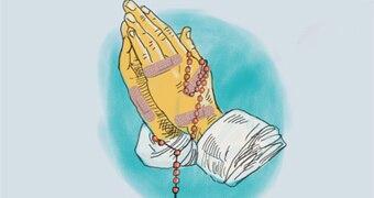 An illustration shows a priests bandaged hands holding a rosary.