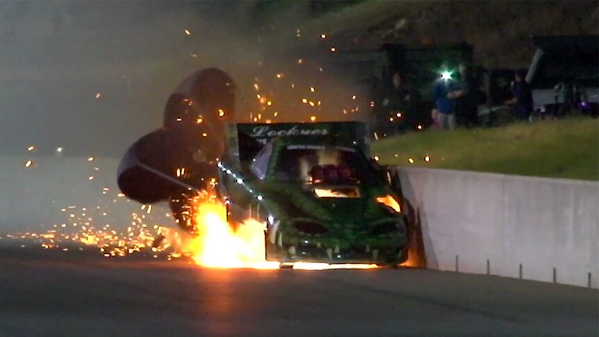 Queensland nitro funny car drag racer Christine Steffans car explodes at the Perth Motorplex 30 November 2014
