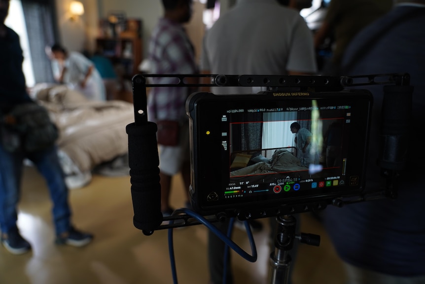 A camera monitor on the Vaccine War film set.