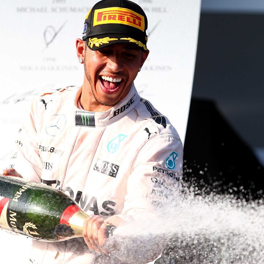 Hamilton celebrates after winning Australian Grand Prix