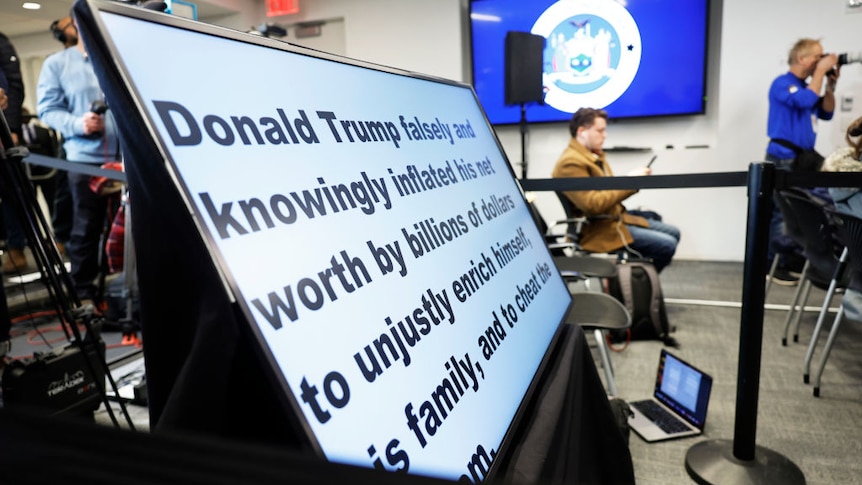 A speech by Attorney General Letitia James is seen displayed on a screen