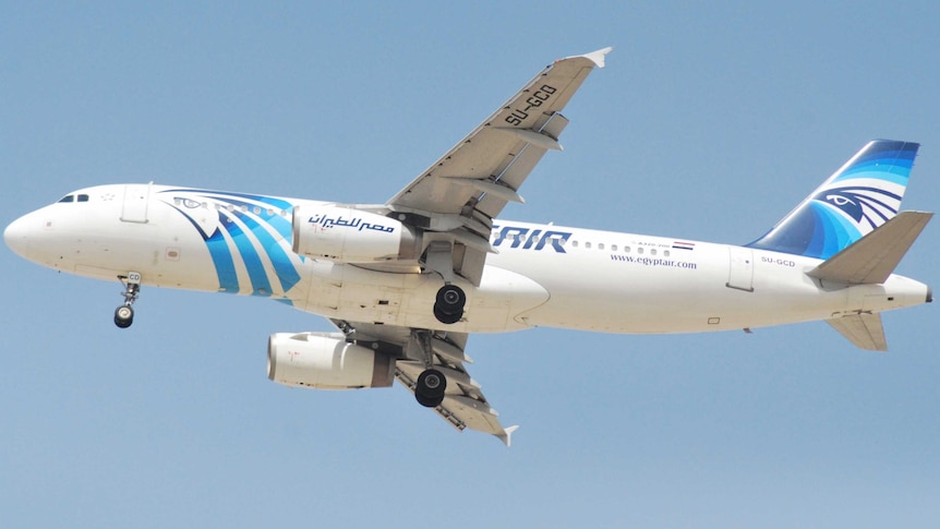 An Airbus A320 in EgyptAir livery, landing.