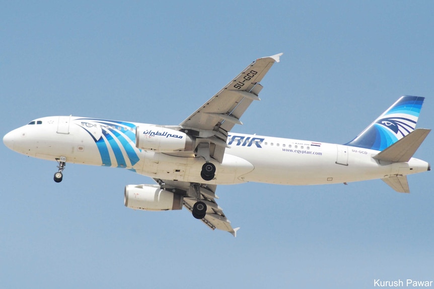 An Airbus A320 in EgyptAir livery, landing.