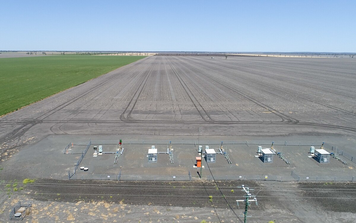 Multiple gas wells at a farm near Cecil Plains, Queensland in 2020.