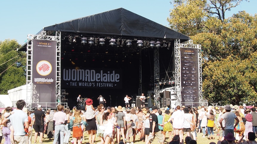 A crowd in front of a band at an outdoor concert