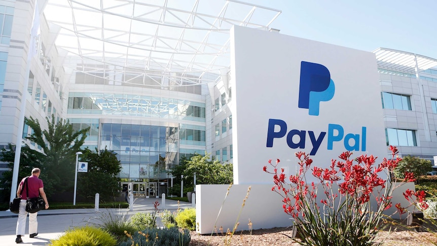 A PayPal sign is seen at an office building in San Jose, California.