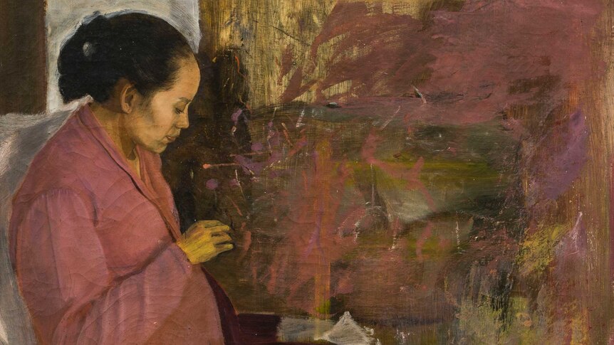 Ibu Menjahit by S. Sudjojono, oil on canvas, 1944.