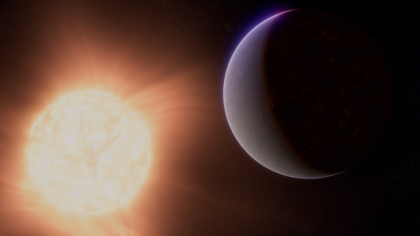 A white and purple planet across from the sun.