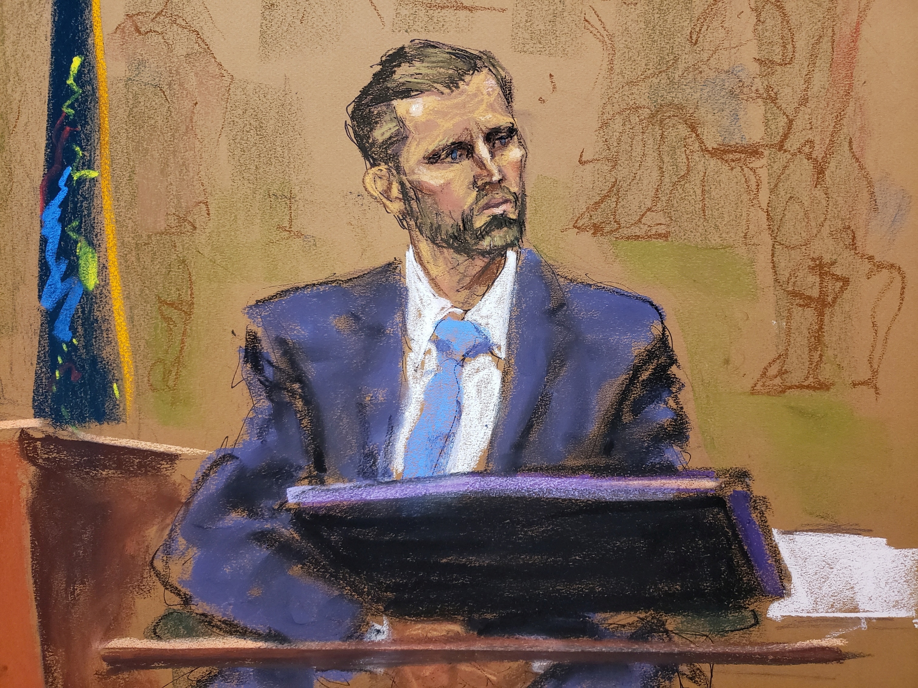 Courtroom sketch of Eric Trump sitting in the stand.