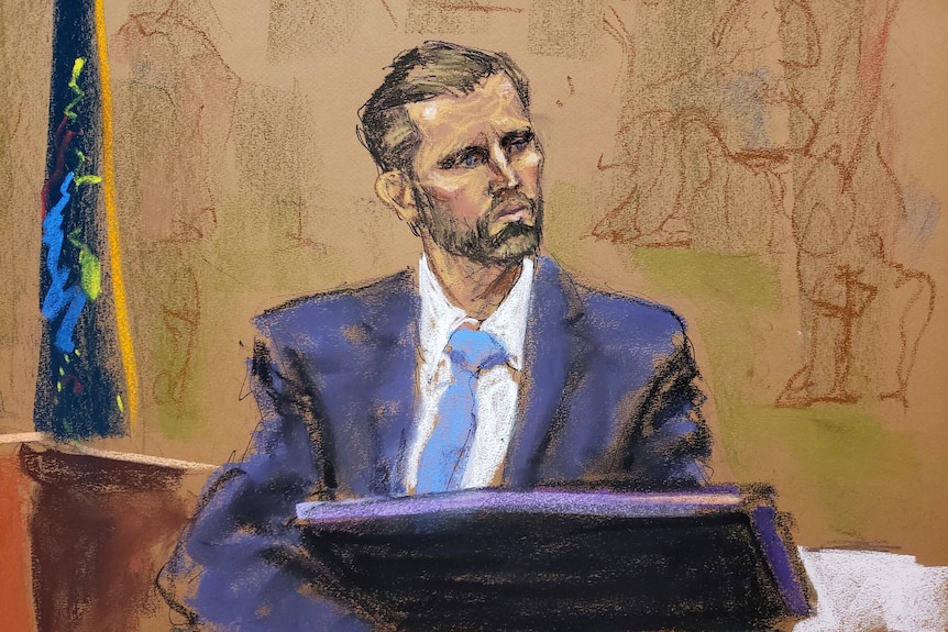 Courtroom sketch of Eric Trump sitting in the stand.