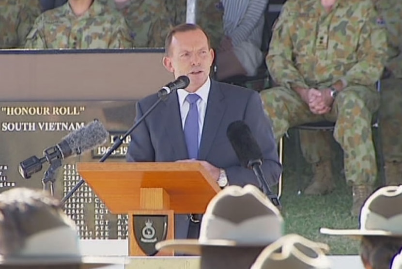 Prime Minister Tony Abbott officially farewells about 300 troops at Brisbane's Enoggera Defence base
