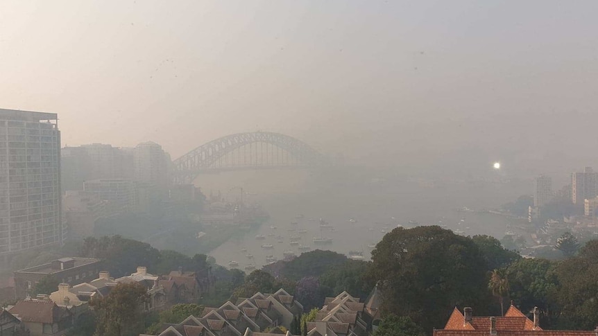 A hazy shot of Sydney harbour with the bridge barely visible.