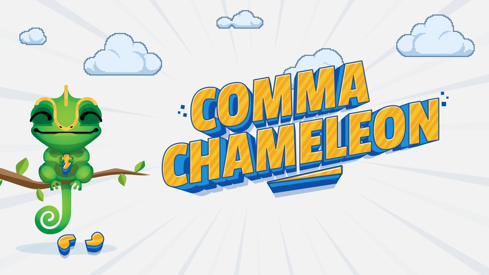 Graphic illustration of chameleon, text on screen: Comma Chameleon