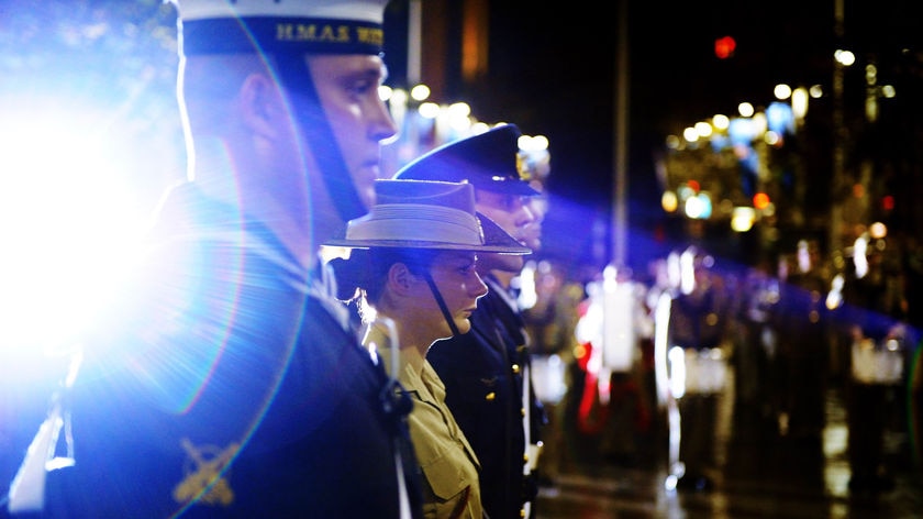 The Catafalque party stand at attention during the ANZAC Day dawn service in Martin Place